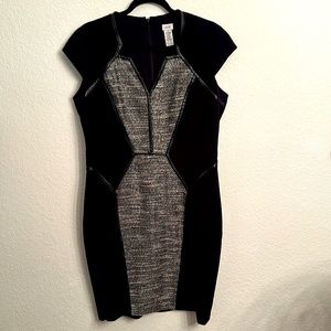 Cache, size 14, blank dress with white and silver inlay and faux leather trim.